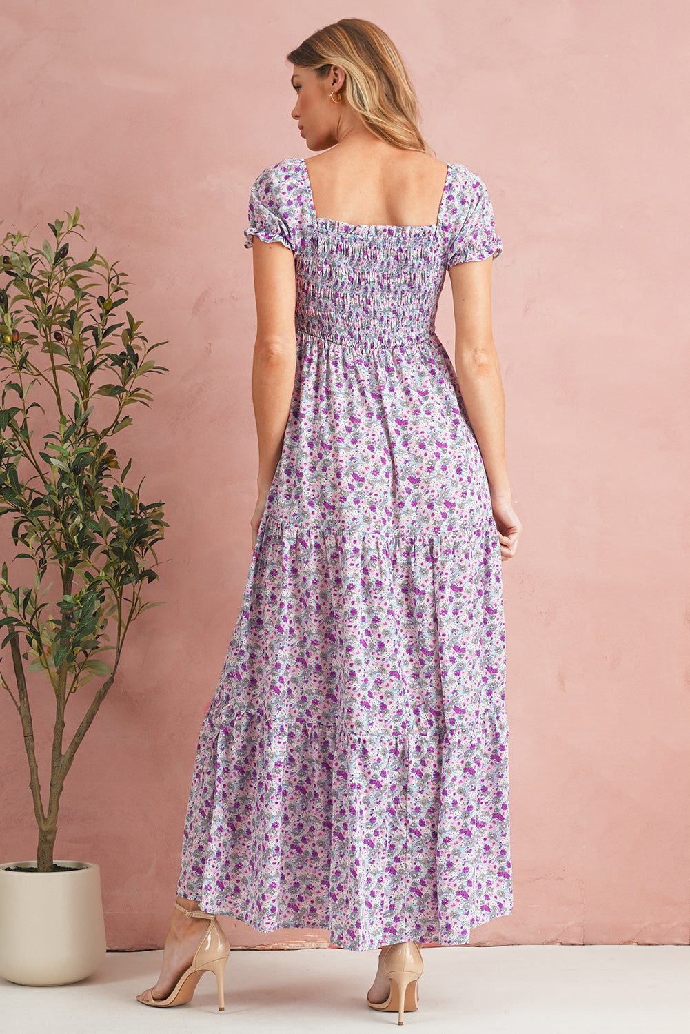 Purple Floral Short Bubble Sleeve Smocked High Waist Maxi Dress Maxi Dresses 09e67853ff458152