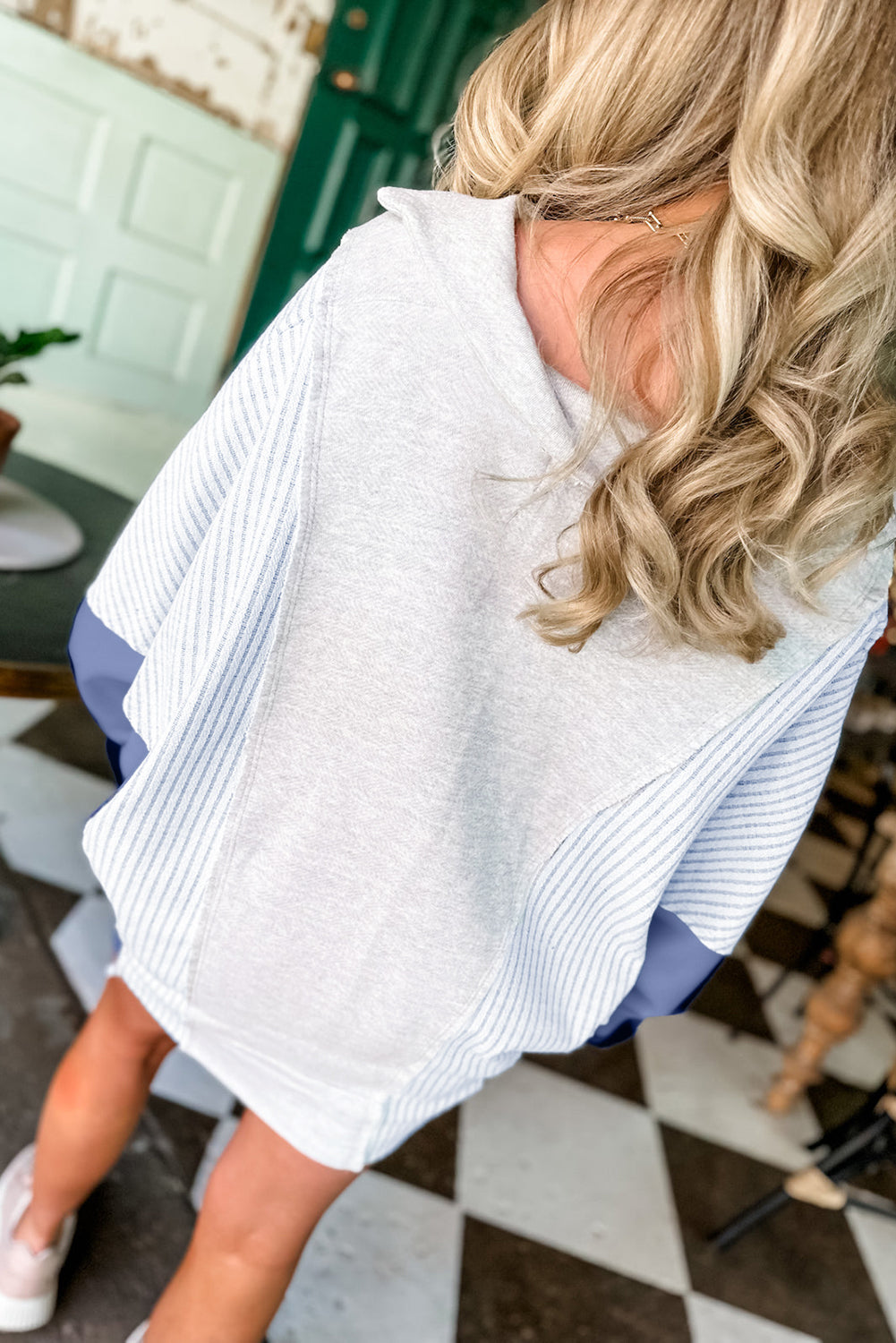 Light Grey Oversized Striped Colorblock Dolman Sleeve Collared Casual Top Long Sleeve Tops 09f0e3df40d2719a
