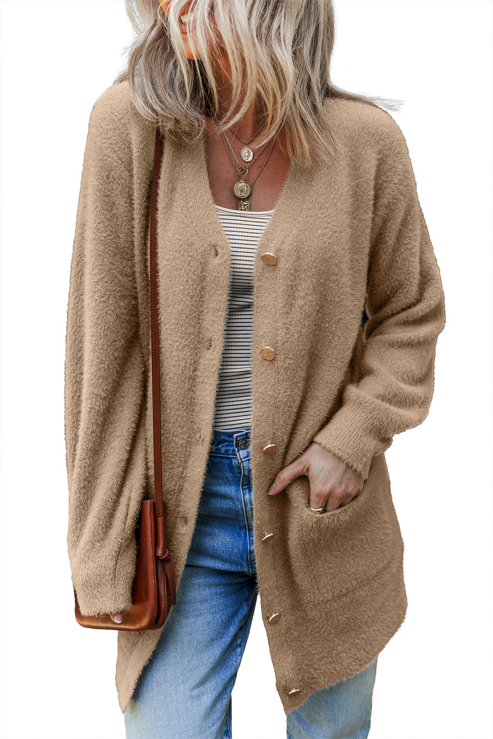 White Fuzzy Buttoned Front Midi Solid Cardigan Cardigans 0a1e0c9d4ab504f5