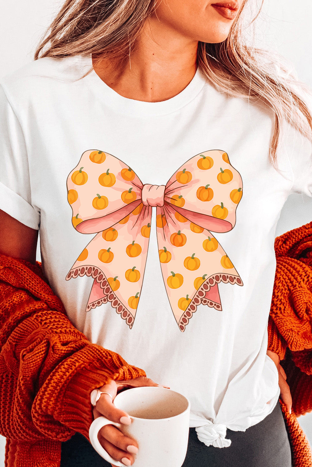 White Pumpkin Bow Heat Transfer Printing Thanksgiving T Shirt Graphic Tees 0a637871d929240b