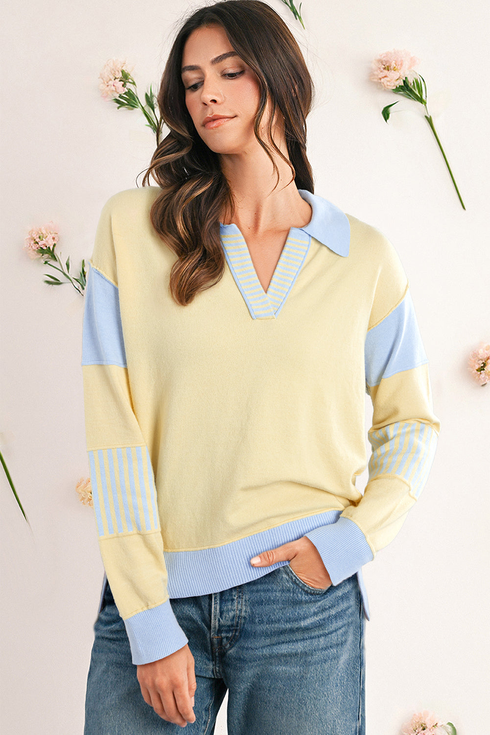 Sky Blue Striped V Neck Collared Colorblock Patchwork Sweater Sweaters 0b01febc855fd00a