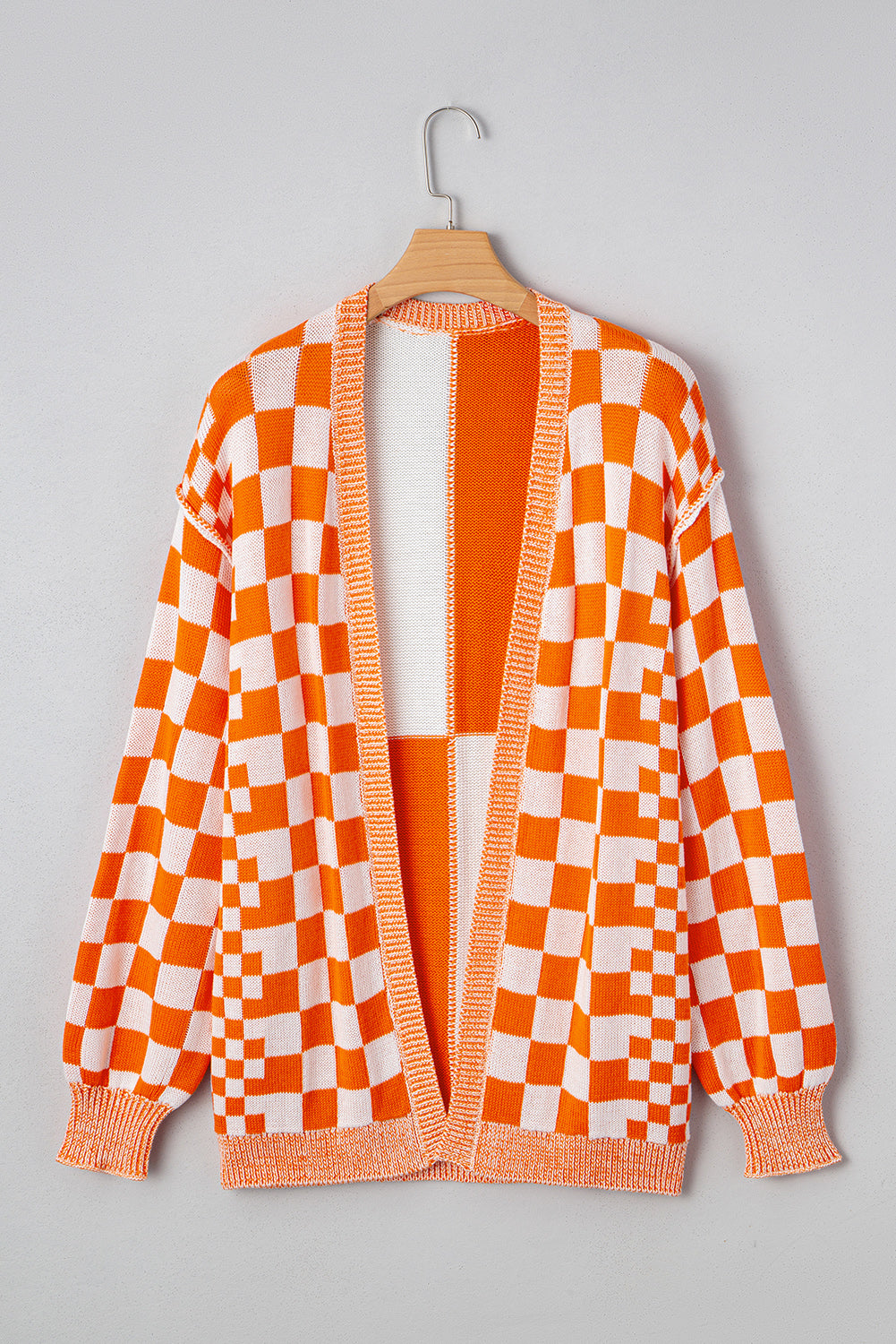 Orange Checkered Open Front Drop Shoulder Cardigan Cardigans 0b117e7059f68798