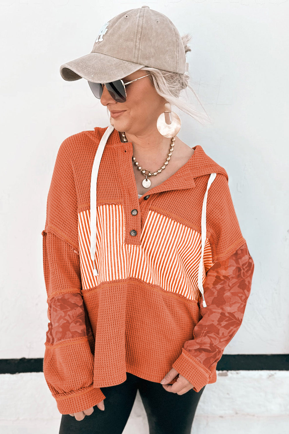 Cinnamon Striped Waffle Patchwork Drawstring Hooded Long Sleeve Top Long Sleeve Tops 0b47f7b3764a1cc1