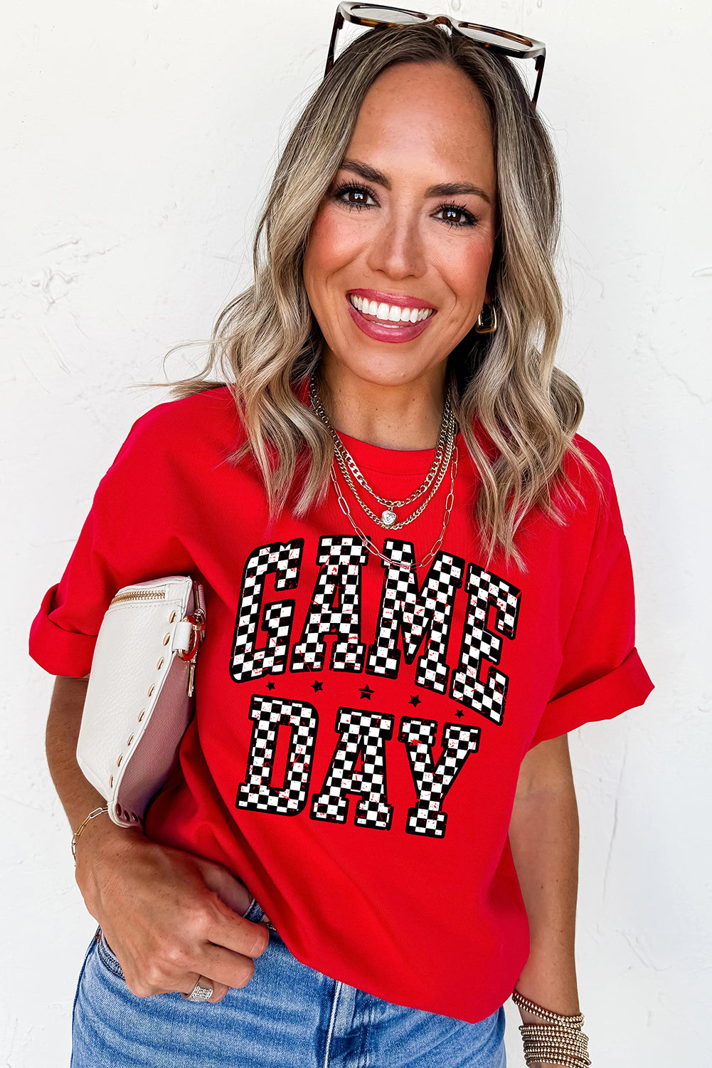 Red Checkered Game Day Heat Transfer Printing Graphic T Shirt Graphic Tees 0b5af3e5dbebbbd8