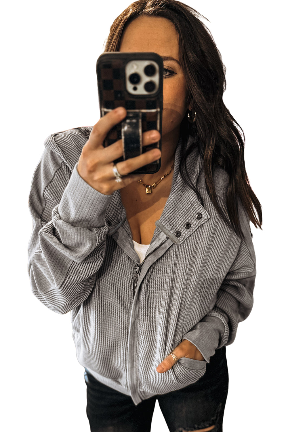 Gray Waffle Splicing Zip Up Front Button Hooded Jacket Jackets 0b64c3e1d47010a9