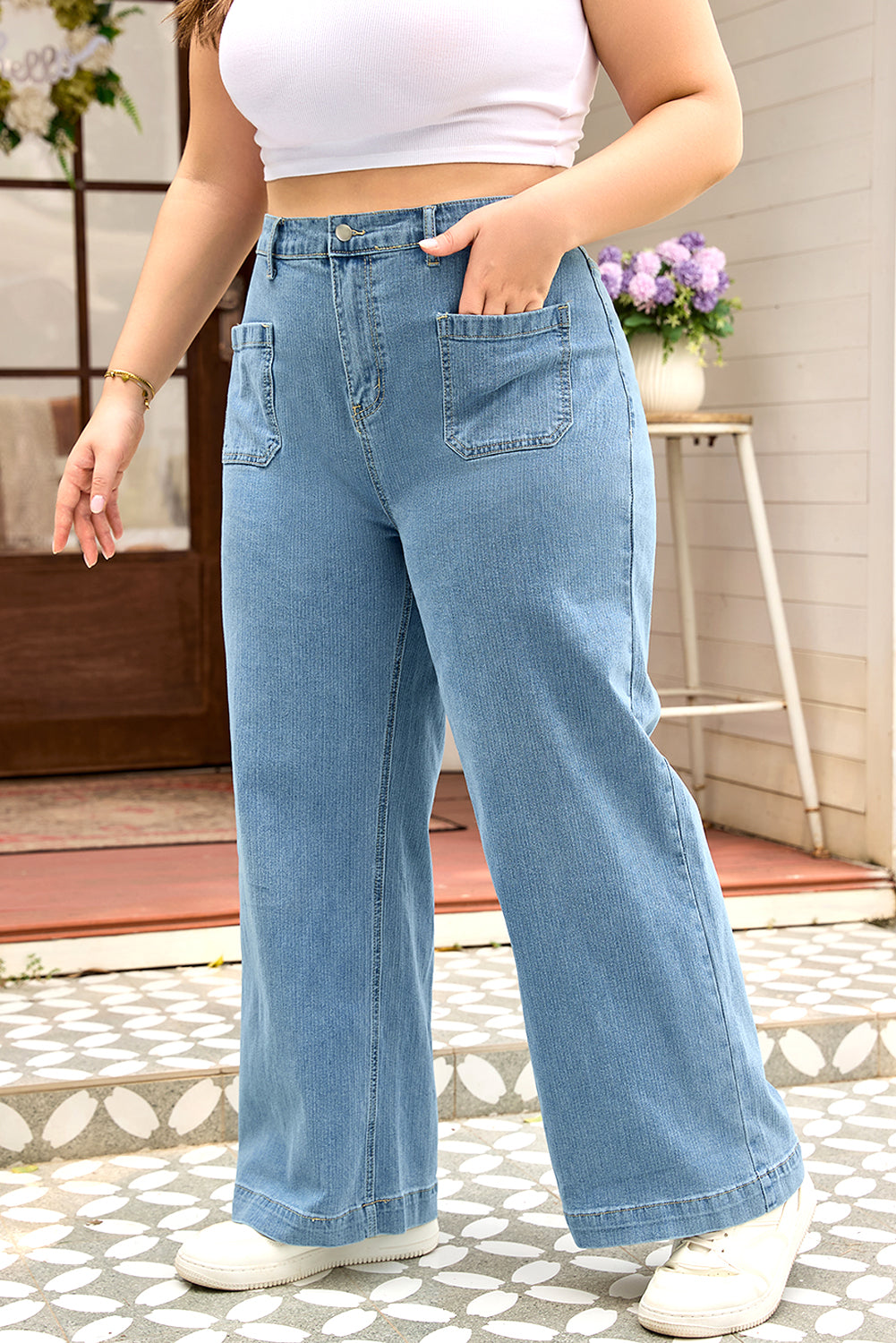 Dusk Blue Patched Pocket Textured Wide Leg Plus Size Jeans Plus Size Bottoms 0b75029e29ee58f7