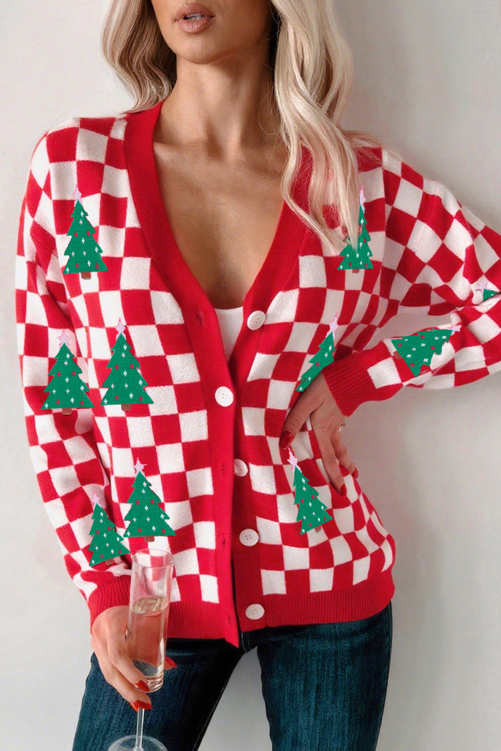 Red Checkered Christmas Tree Pattern Button V Neck Knit Cardigan Cardigans 0ba83c731feec326
