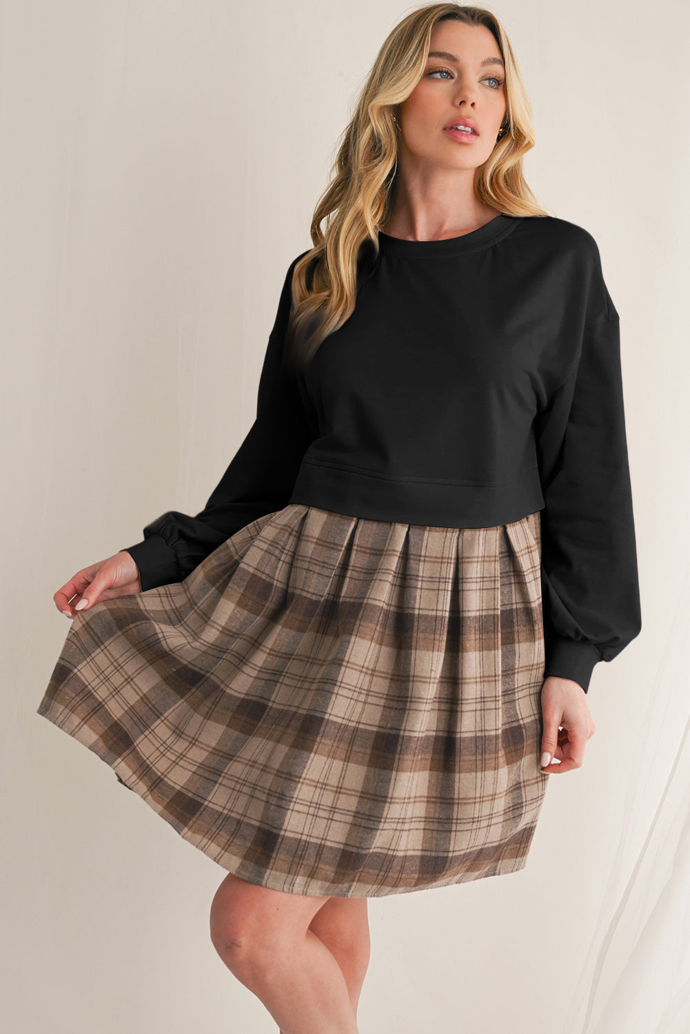 Black Plaid Patchwork High Waist Sweatshirt Mini Dress Short Dresses 0bb9e8cafee28883