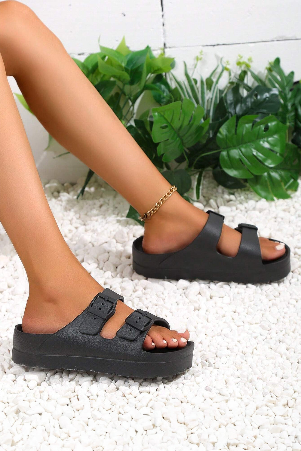 Black Solid Color Buckle Straps Beach Slides Shoes Slides Shoes + Flip Flops 0bd39789eaa61173