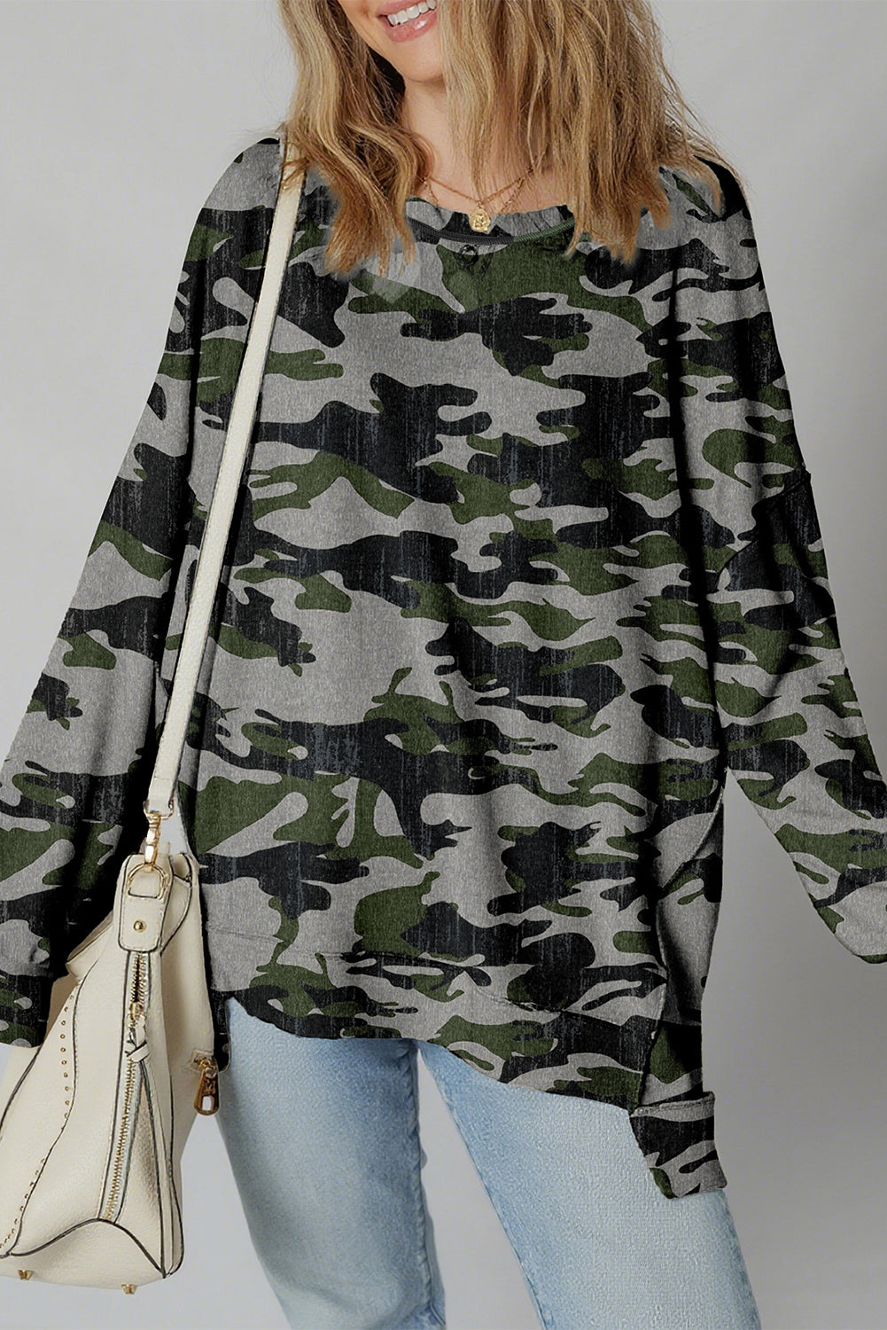 Green Camouflage Print Exposed Seam Drop Shoulder Sweatshirt Sweatshirts & Hoodies 0bd4266cb35930bf