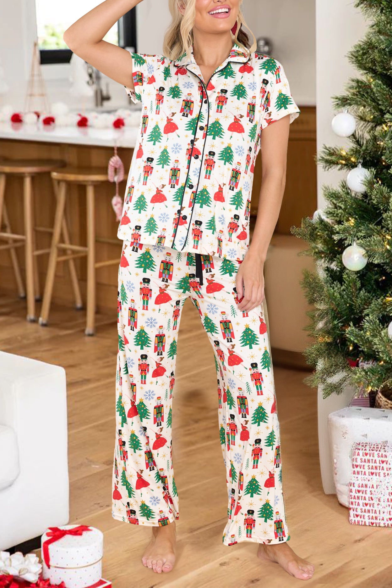 White Christmas Tree Nutcracker Shirt & Pants Pajama Set Loungewear Set 0be14bcdaaf1d397