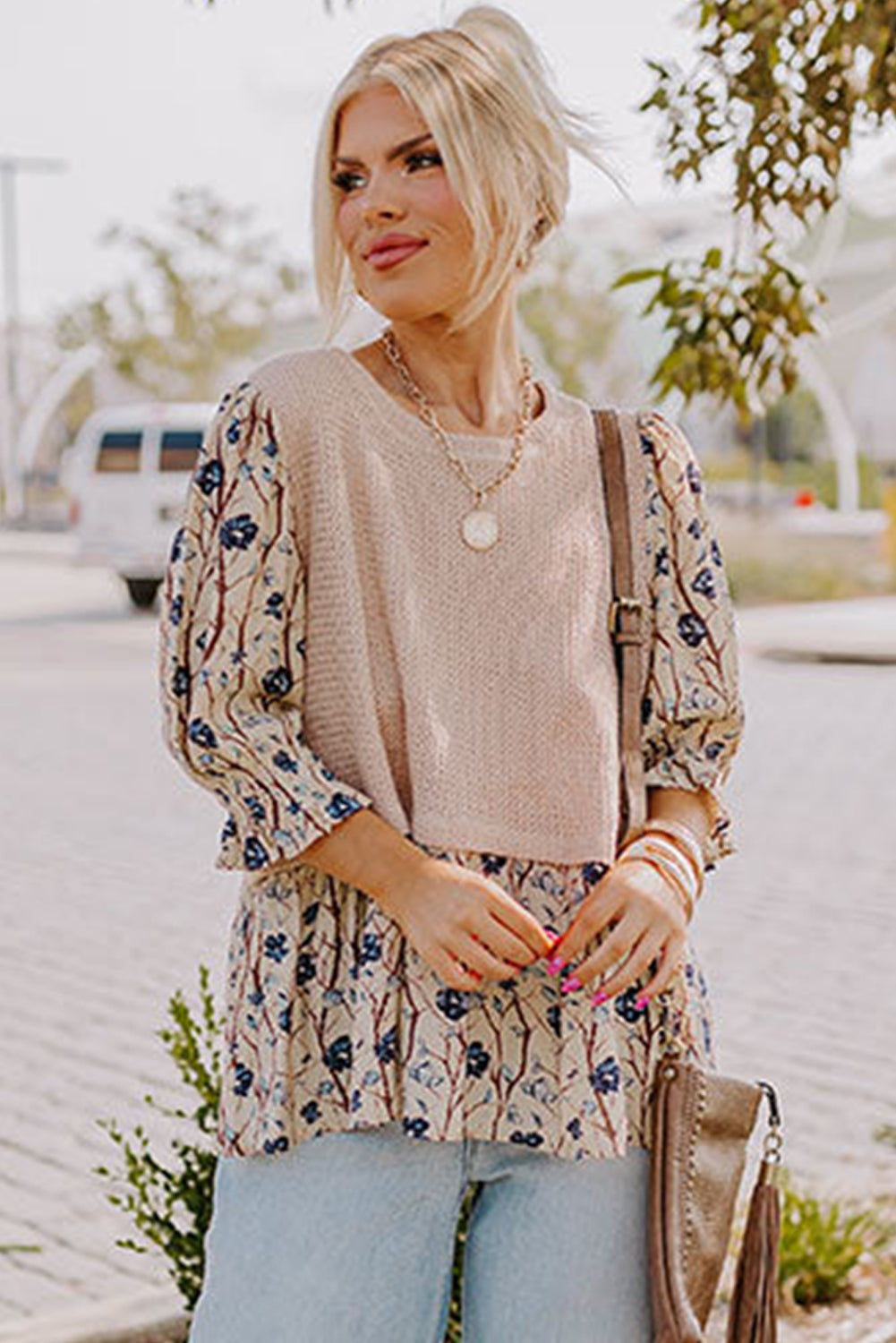 Beige Faux Two Piece Knit Patchwork Floral Plus Size Top Plus Size Tops 0bf0a0ebe83689ba