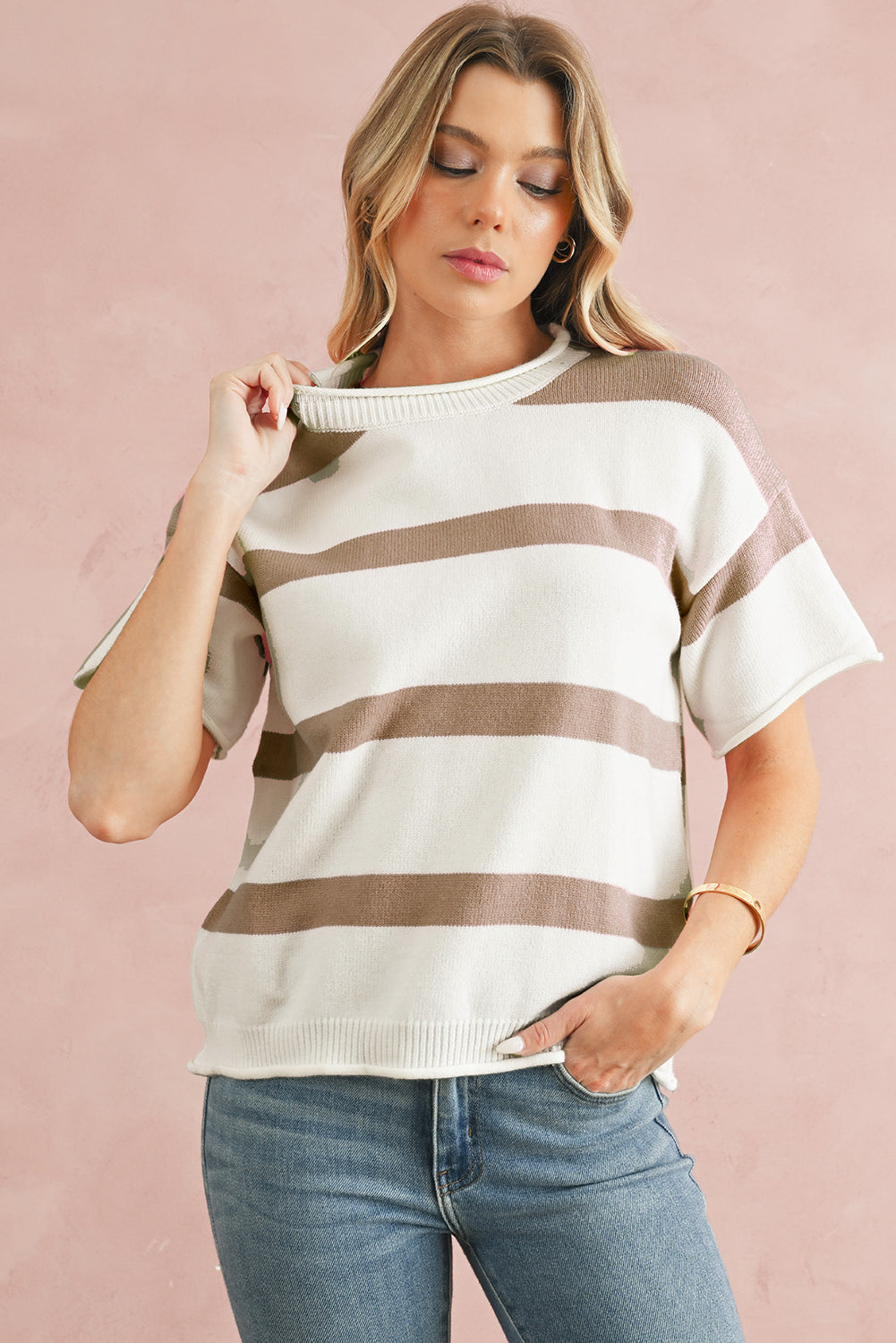 Khaki Striped Drop Shoulder Knitted Top Knit Tops 0c17957476abff8e