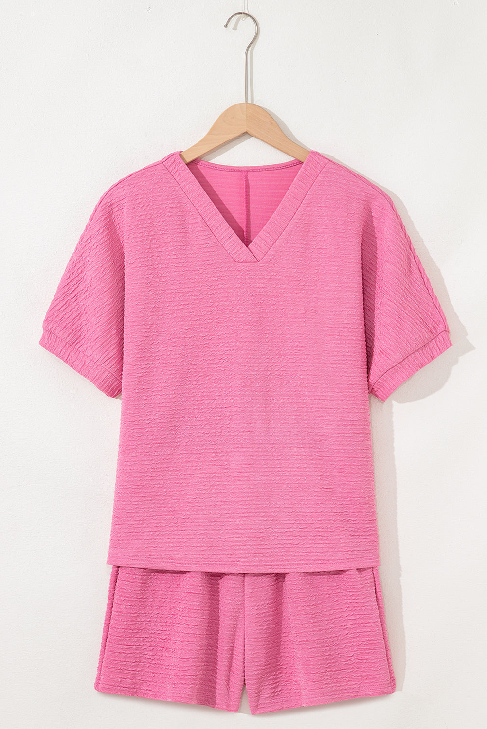 Pink Textured V Neck T Shirt and Shorts Set Two Piece Shorts Sets 0c57ccb06a4df1c1