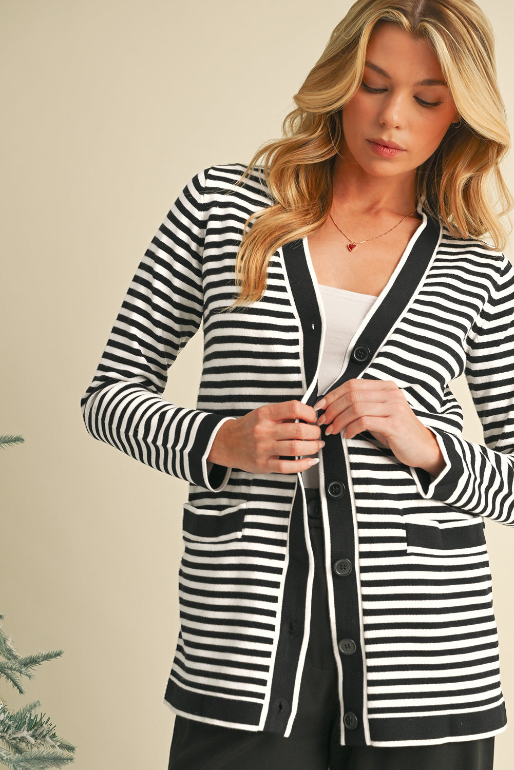 Black Striped Pocketed Button Long Cardigan Cardigans 0c922ca9e6947afd