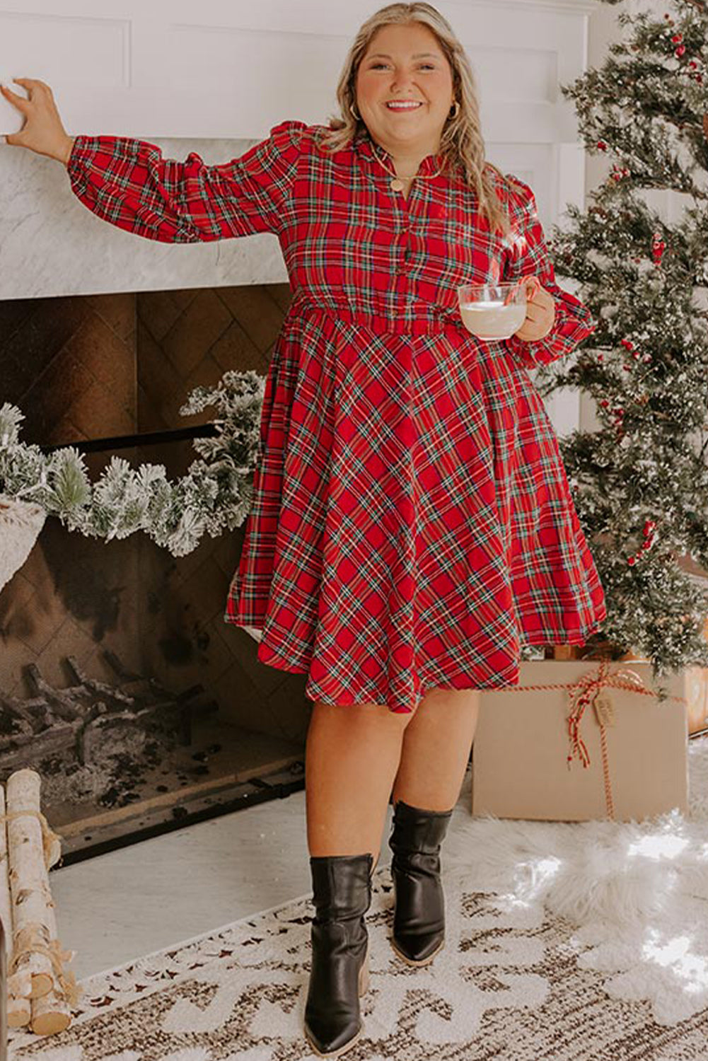 Red Plaid Half Button Long Sleeve Holiday Plus Size Dress Plus Size Dresses 0d19136e647a64da