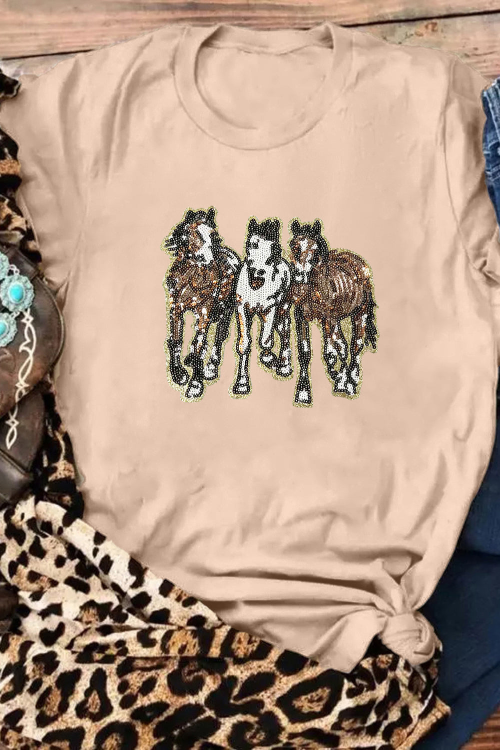 Khaki Sequin Horses Patched Casual Crewneck T Shirt Graphic Tees 0d3d80b9993a3035