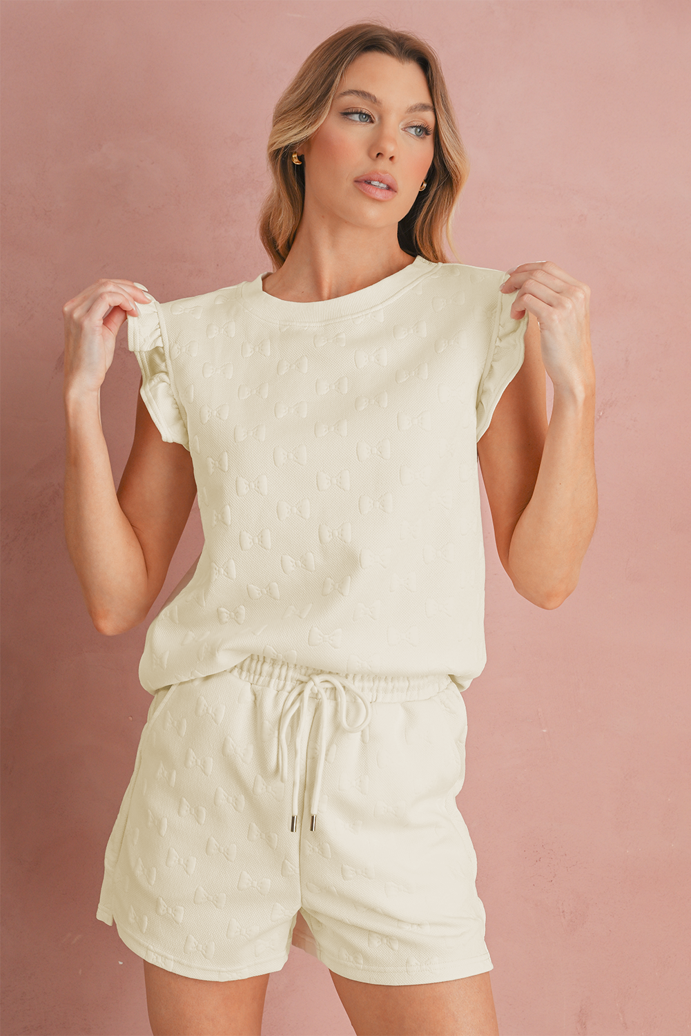 White Plain Bow Jacquard Ruffle Sleeve Shorts Set Two Piece Shorts Sets 0d54937568f0cf1a