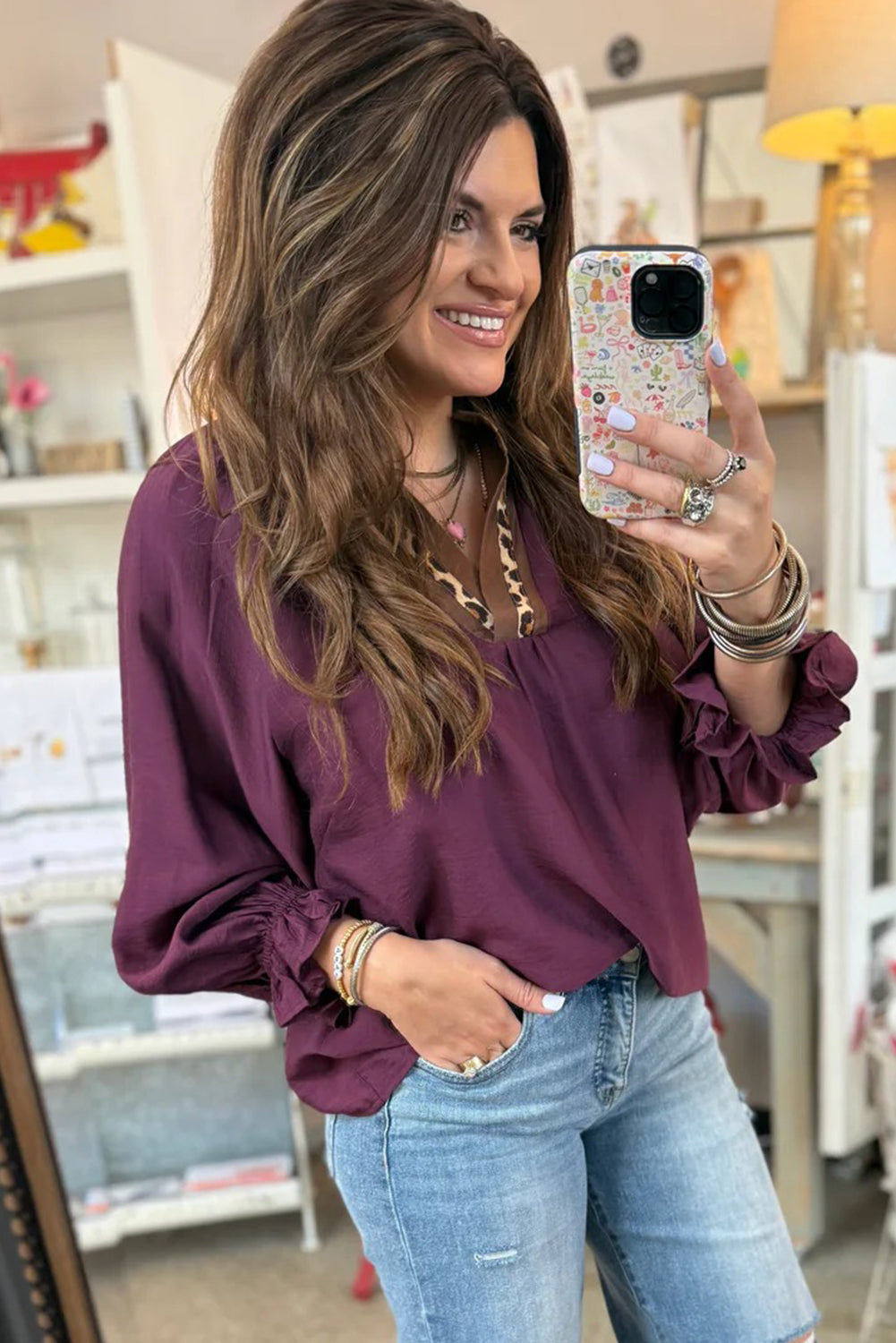 Violet Leopard Trim Notched Neck Bubble Sleeve Blouse Blouses 0d5f2df7923cc4b7