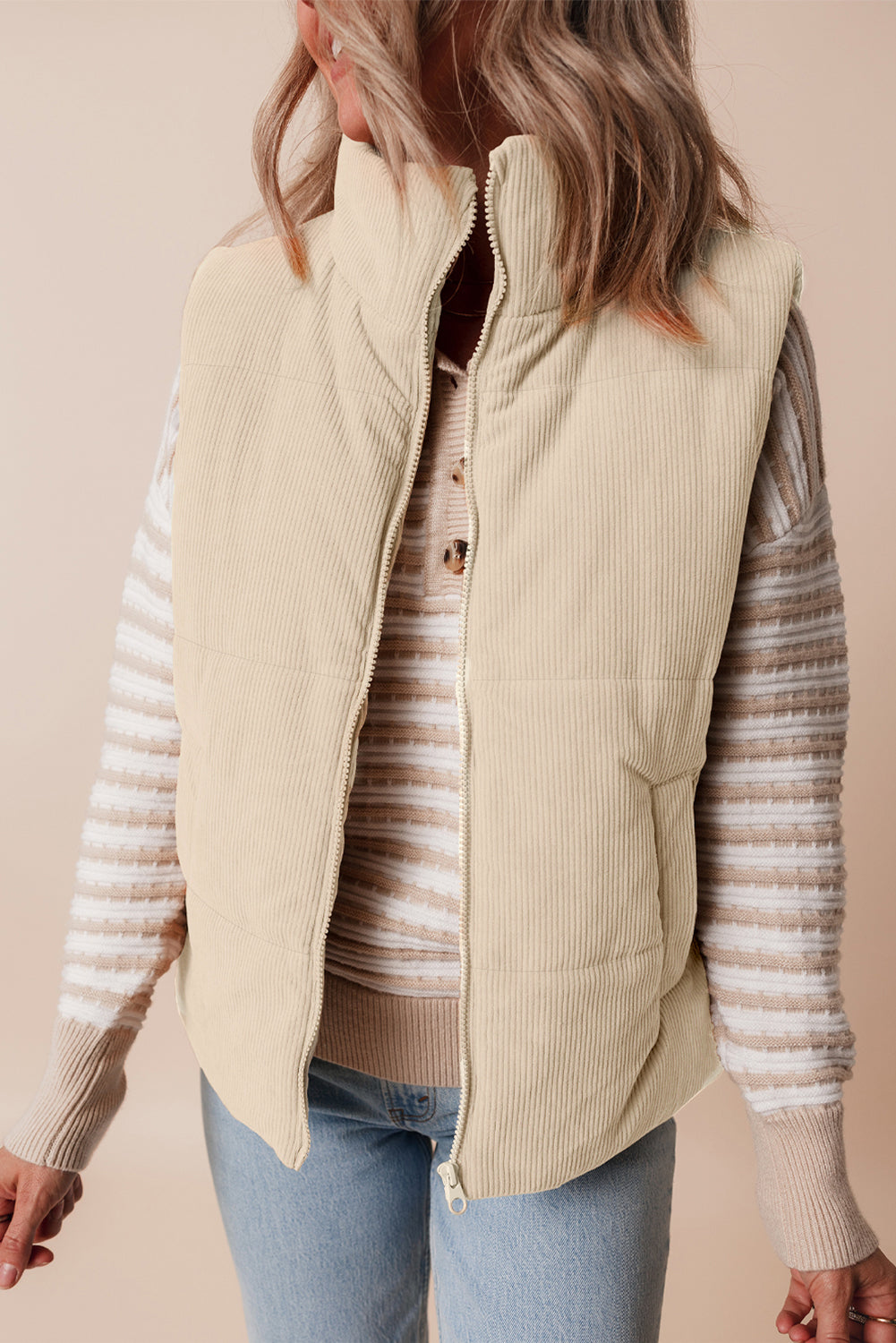Beige Corduroy Stand Neck Zipped Puffer Vest Vests 0d7245d30f946790