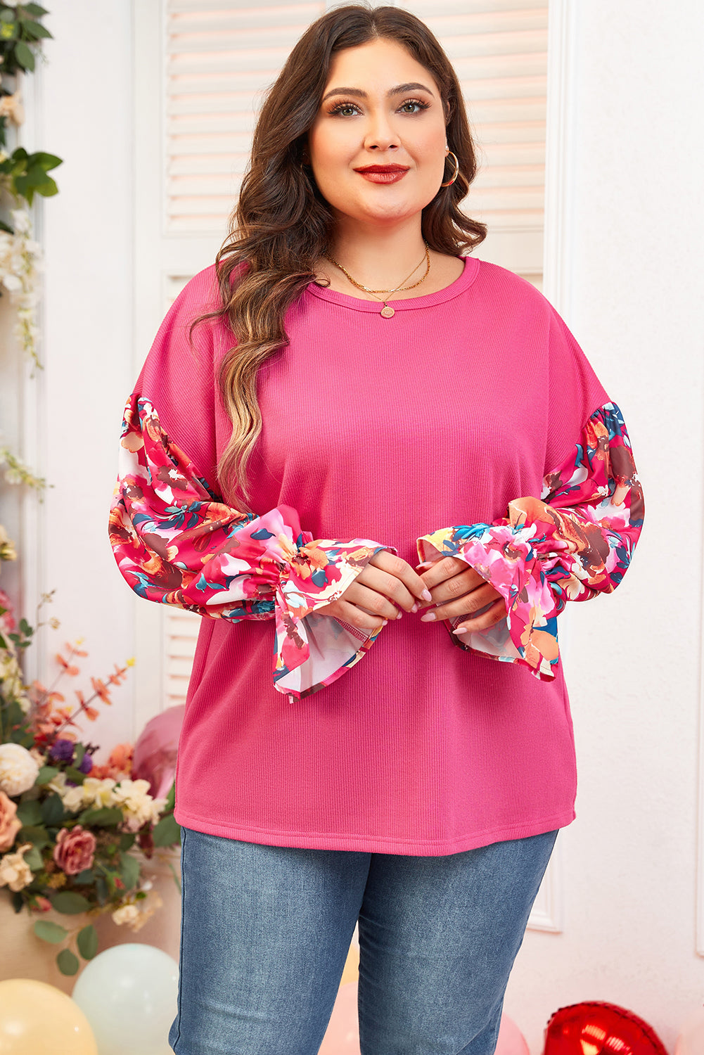 Bright Pink Floral Patchwork Flounce Sleeve Plus Knit Top Plus Size Tops 0db53686cde0d438