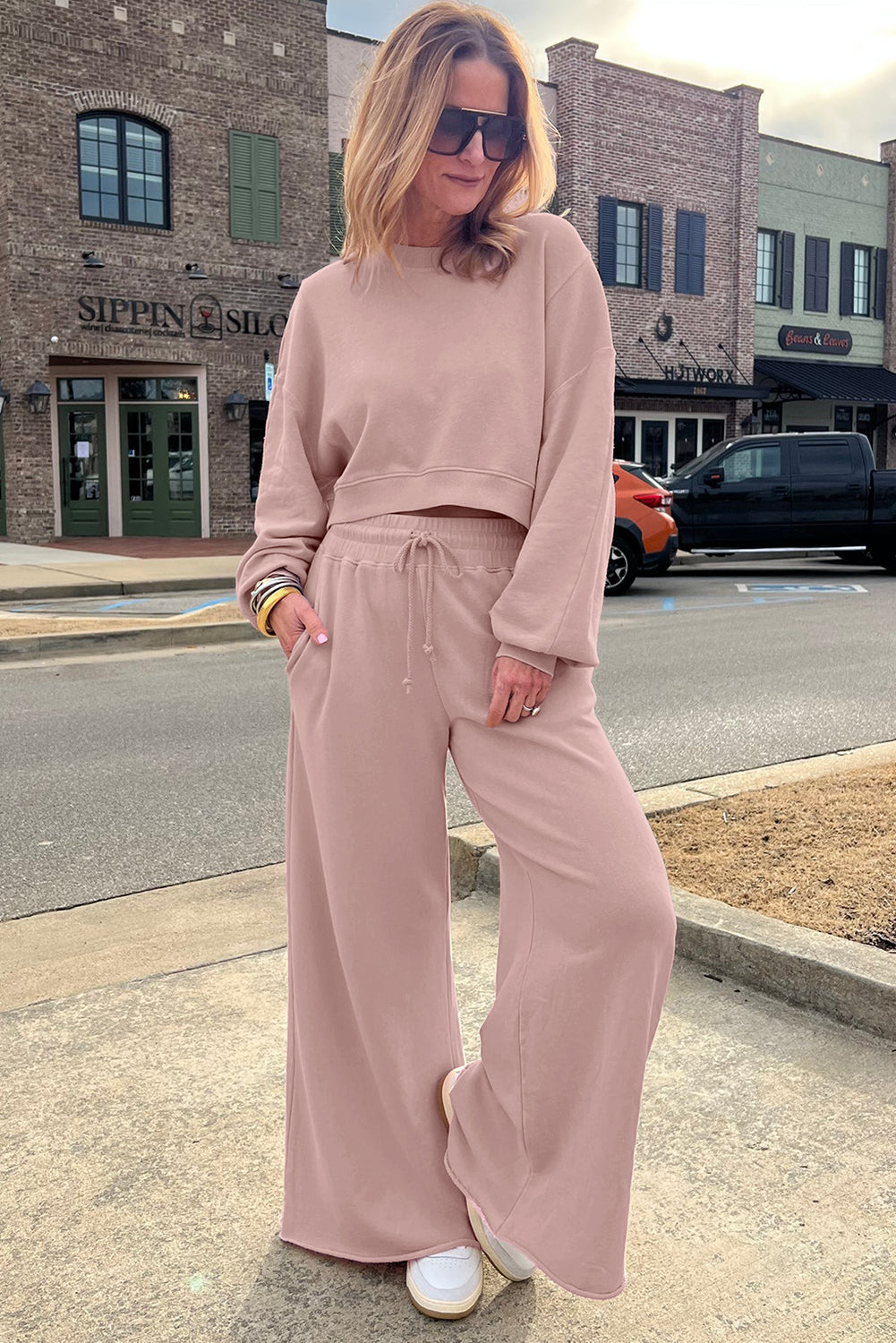 Light Pink Drop Shoulder Crop Pullover Drawstring Wide Leg Pants Set Two Piece Pants Sets 0dbed660d1bcd0ec