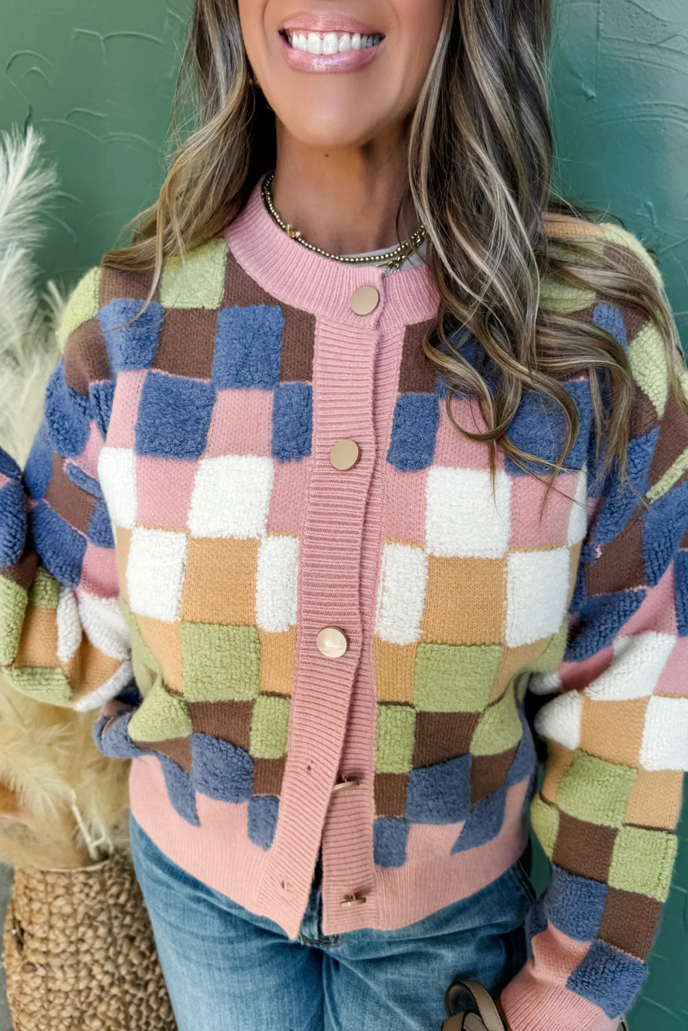 Multicolour Checkered Pattern Button Front Knit Cardigan Cardigans 0dc379a7ec7619ba