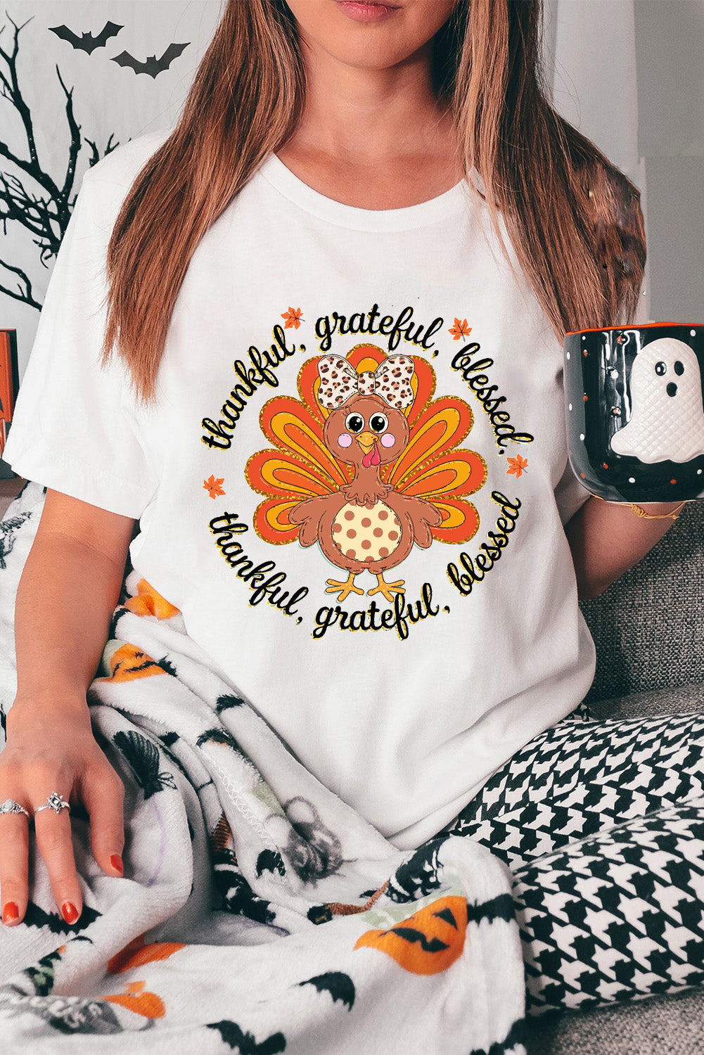 White Thanksgiving Cute Turkey Heat Transfer Printing Cotton Blend T Shirt Graphic Tees 0dff42278a5b72a6