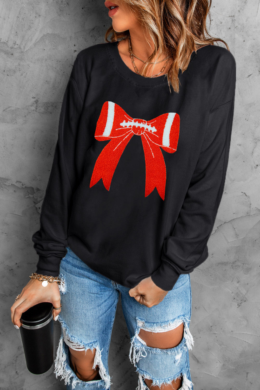 Black Game Day Chenille Bow Terry Flocking Drop Shoulder Sweatshirt Graphic Tees 0edb4889ddcac42b