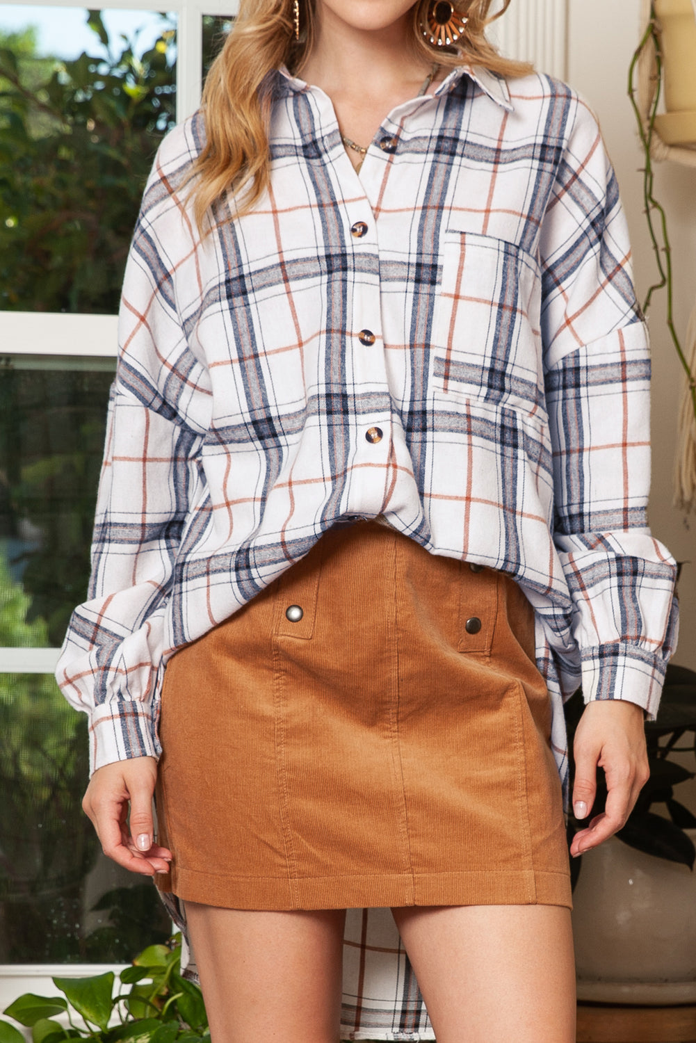 White Plaid Slits Bishop Sleeve Oversized Shacket Jackets 0edb757c0916937d