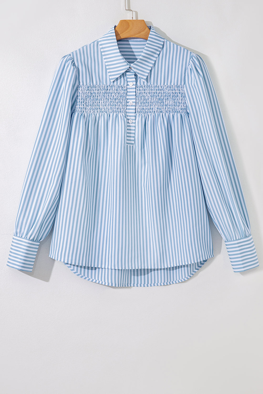 Sky Blue Striped Smocked Long Sleeve Quarter Button Shirt Blouses 0ef4dc3049a410d0