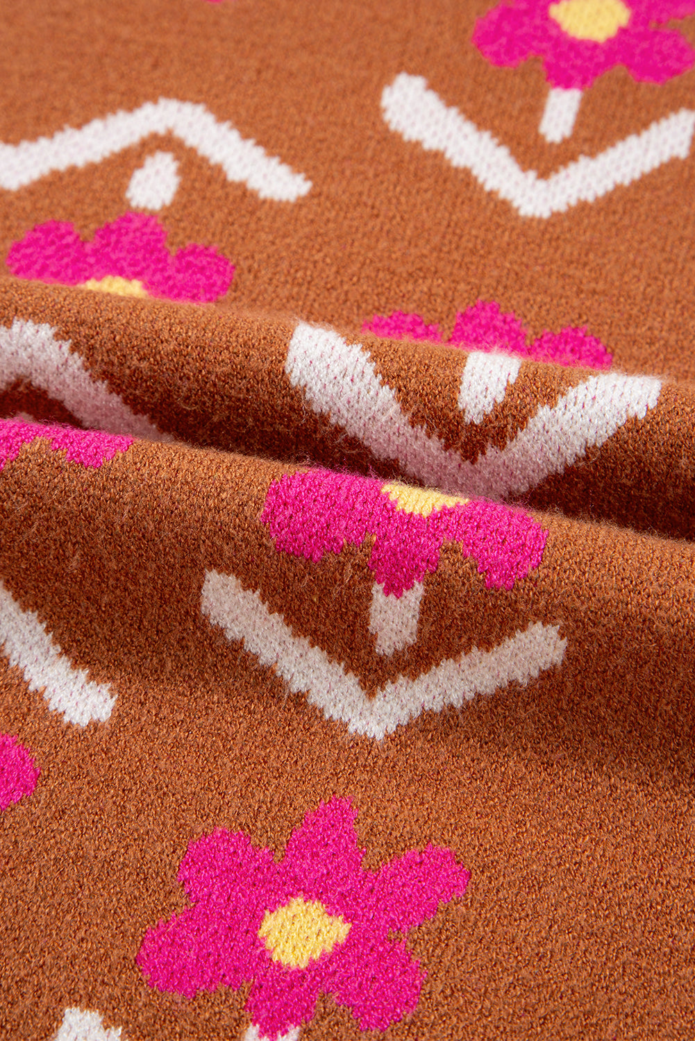 Brown Floral Pattern Short Puff Sleeve Sweater Short Sleeve Sweater 0efa7f3f82168ec5