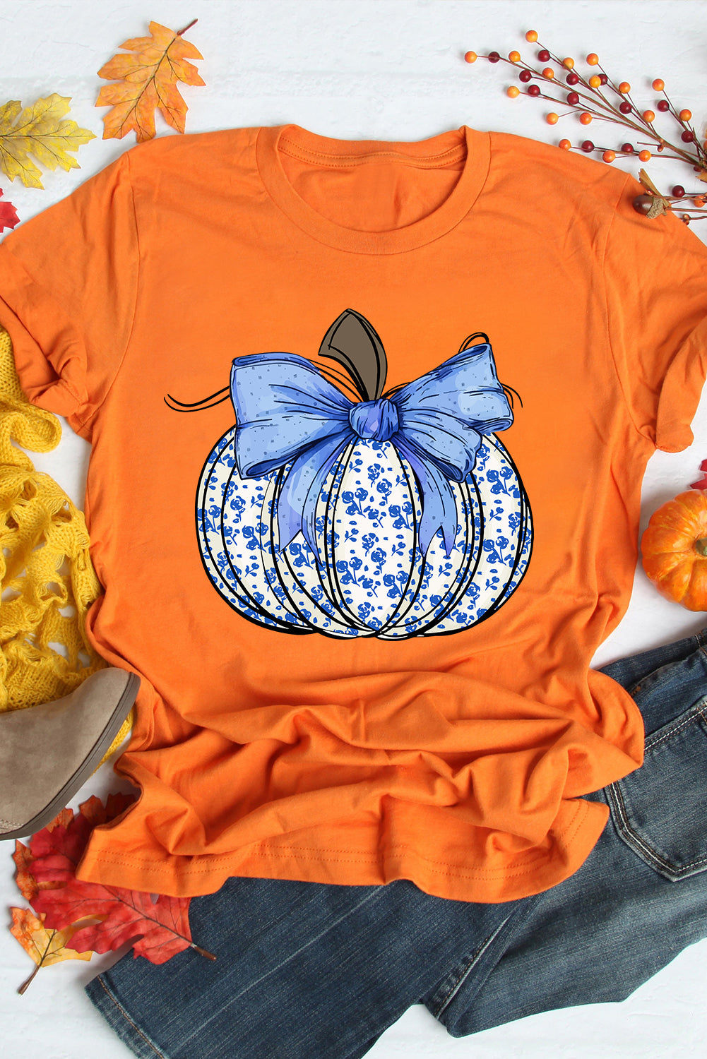 Orange Floral Pumpkin Bow Heat Transfer Printing Thanksgiving T Shirt Graphic Tees 0f0bfe4e3ba4b29e