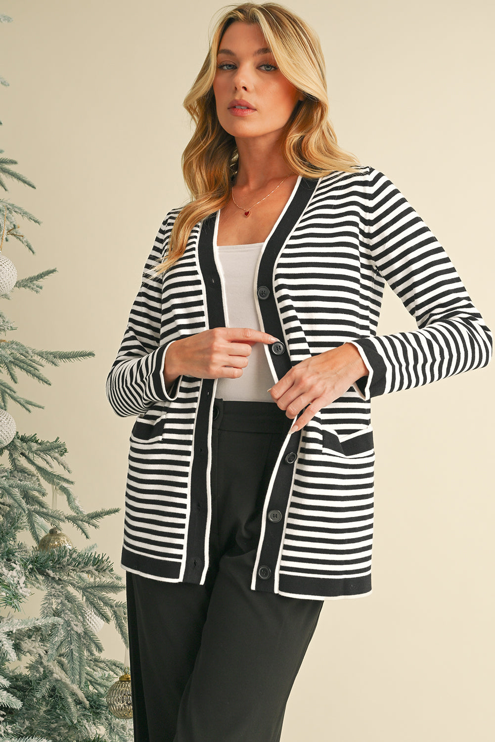 Black Striped Pocketed Button Long Cardigan Cardigans 0f2d23fd2ea54d7a