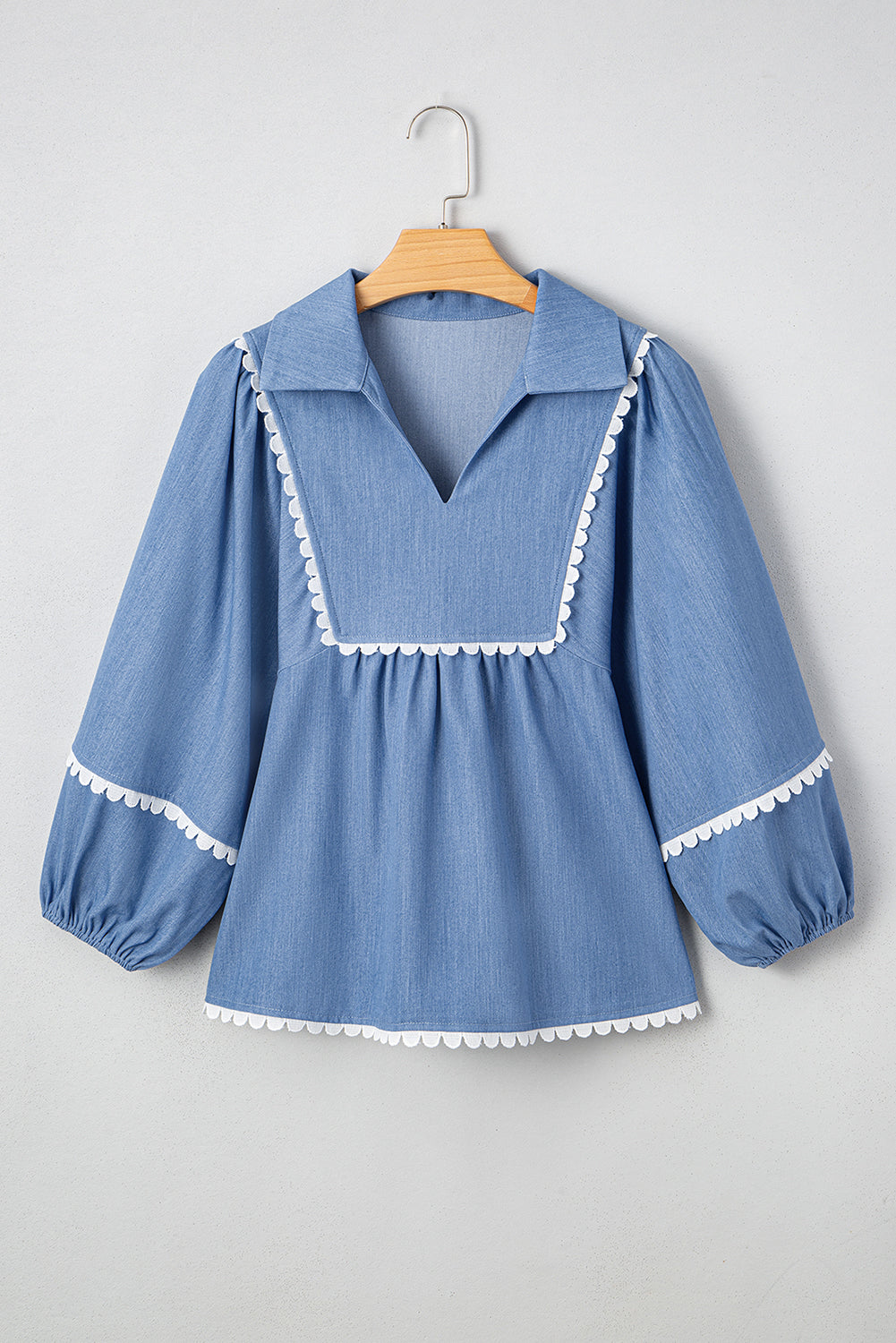 Dusk Blue Scallop Trim Puff Sleeve Collared Babydoll Blouse Blouses 0f78b674eed81e38