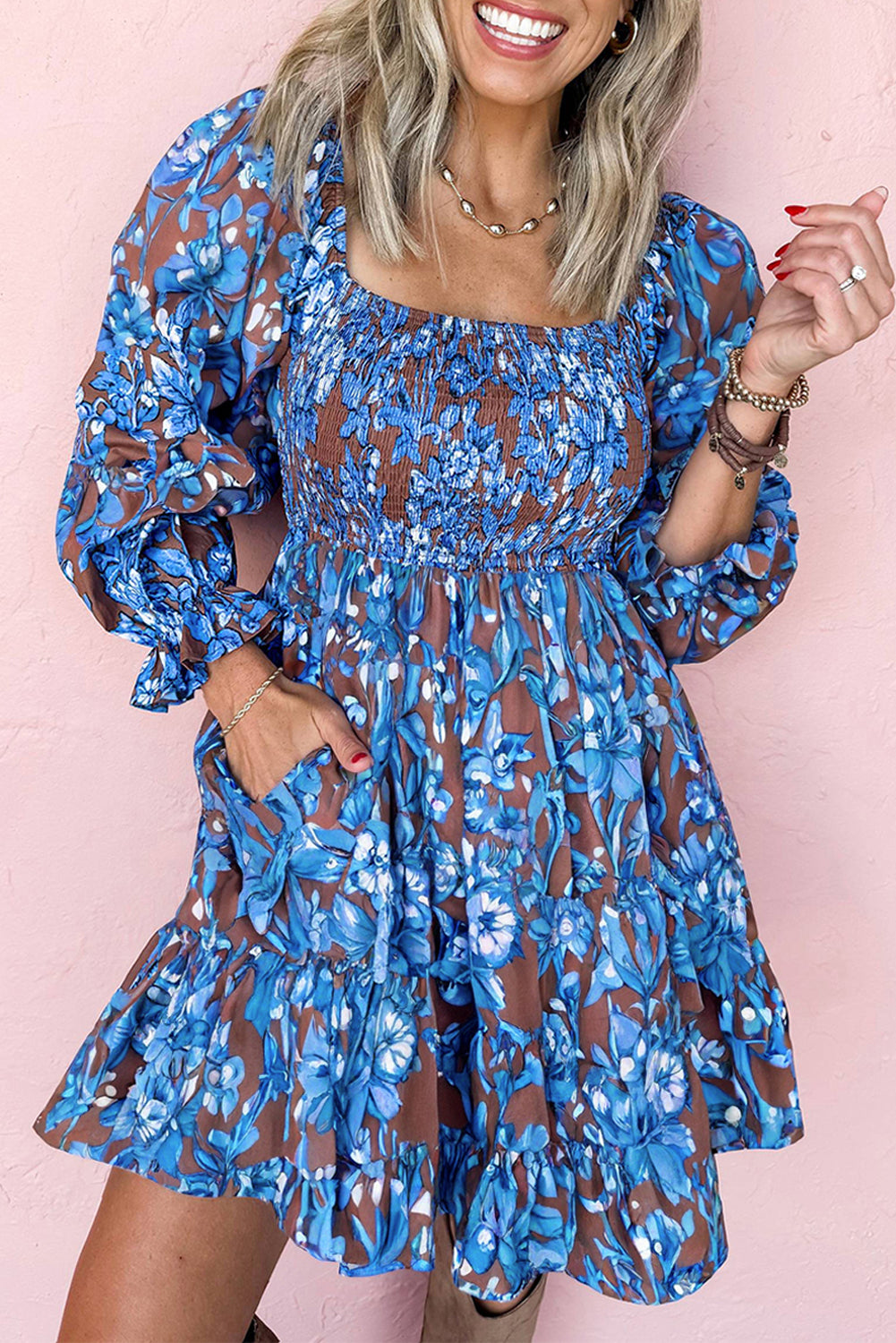 Blue Smocked Bodice High Waist Ruffled Sleeve Floral Dress Short Dresses 0f8727a0bbf4e210