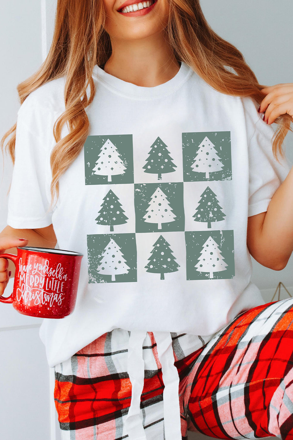 White Christmas Tree Checkered Distressed Heat Transfer Printing Graphic Tee Graphic Tees 1002e24210f86828