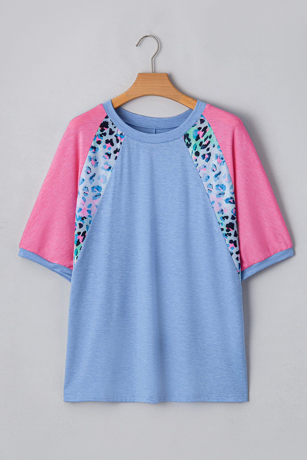 Sky Blue Leopard Print Colorblock Plus Size T Shirt Plus Size Tops 10172b412dcfbec9
