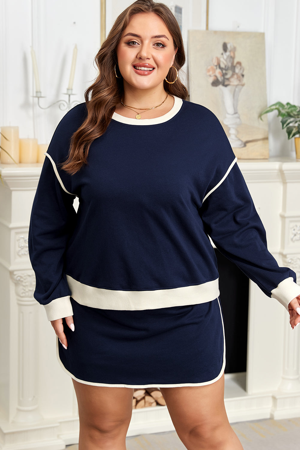 Navy Blue Plus Size Contrast Color Drop Shoulder Top and Mini Skort Outfit Plus Size Matching Sets 102a4015577715d9