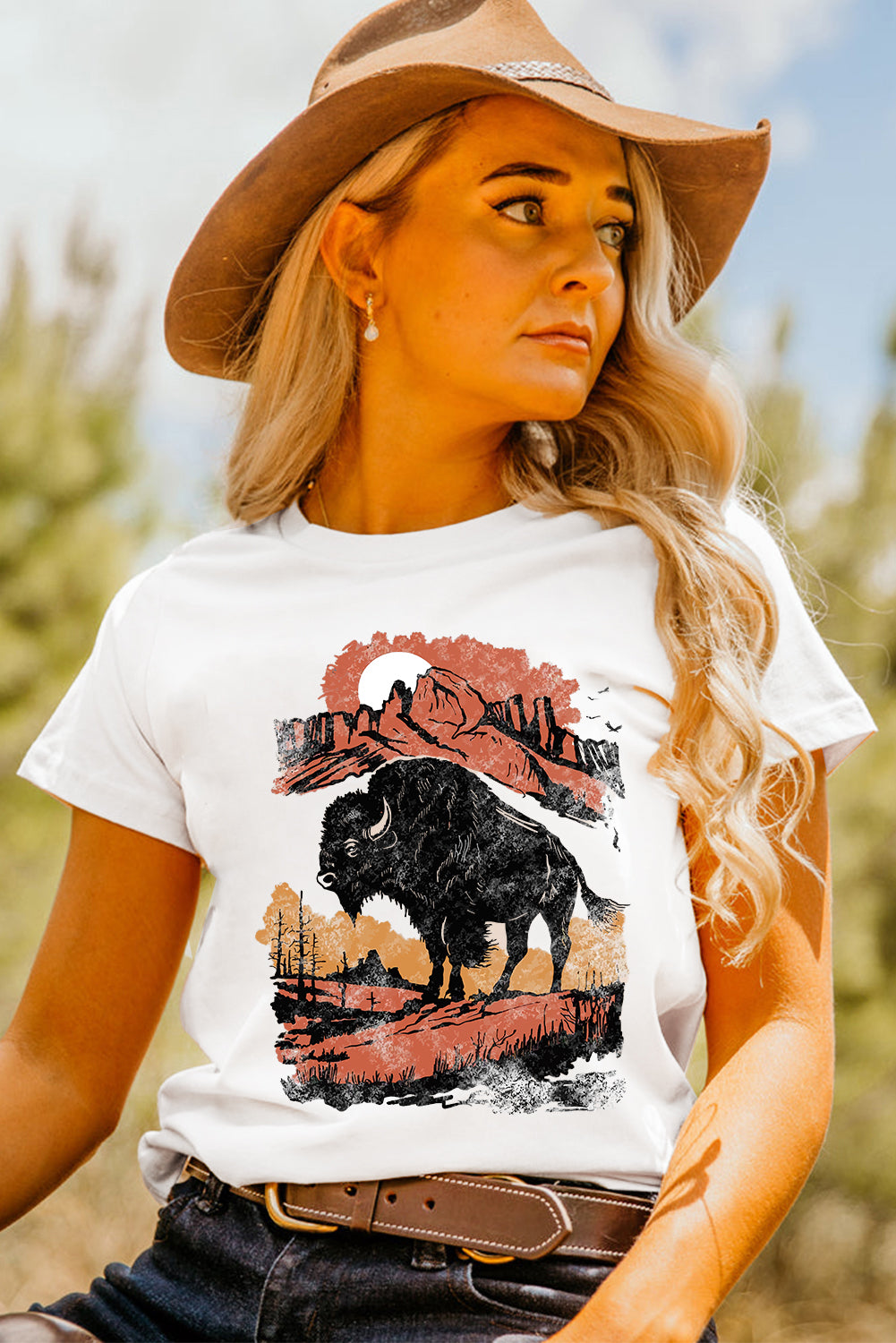 White Western Buffalo On Plains Heat Transfer Printing Graphic Crew Neck Tee Graphic Tees 108e7f4aba11662b