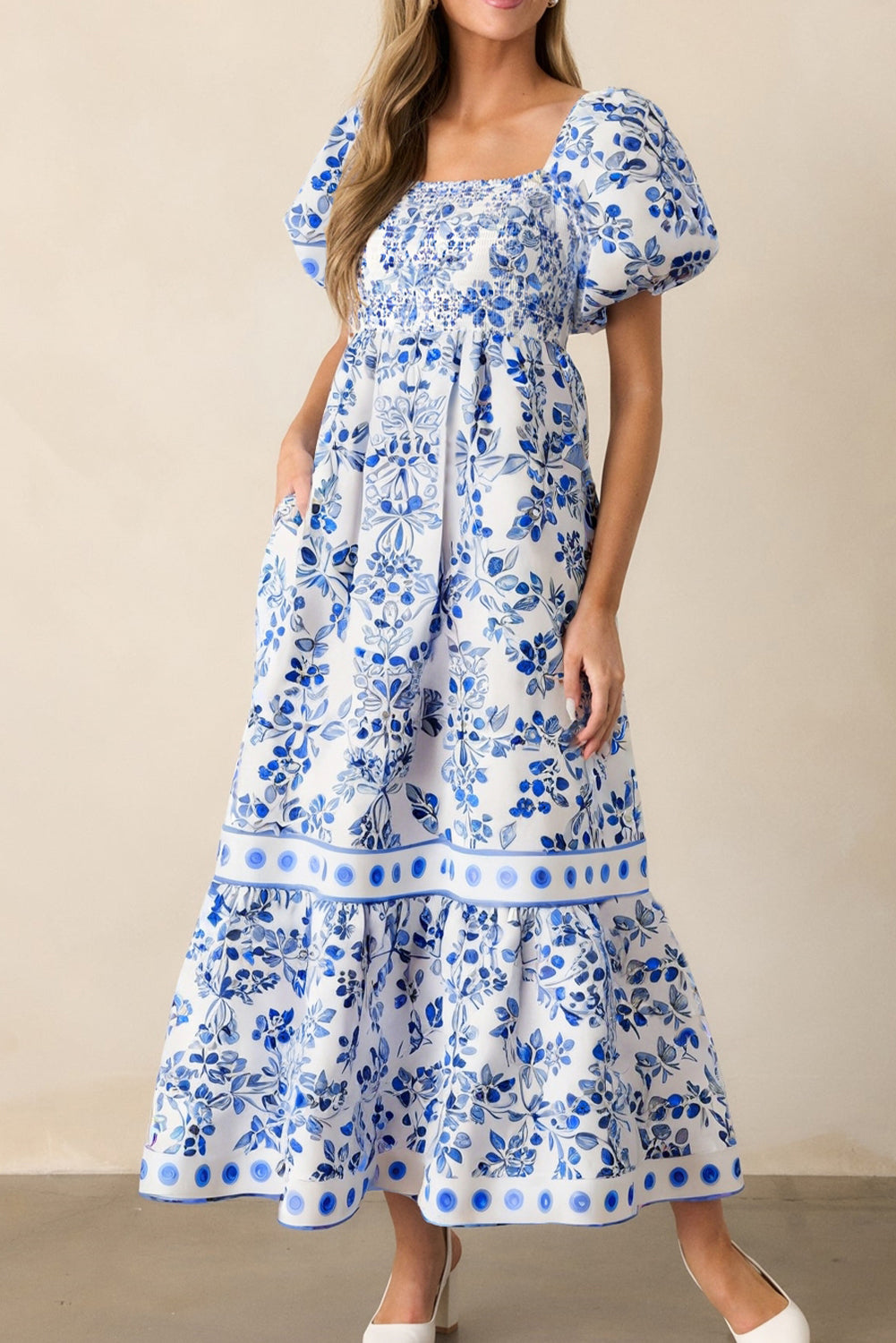 Sky Blue Floral Print Square Neck Bubble Sleeve High Waist Maxi Dress Maxi Dresses 10a233fdaab249d6