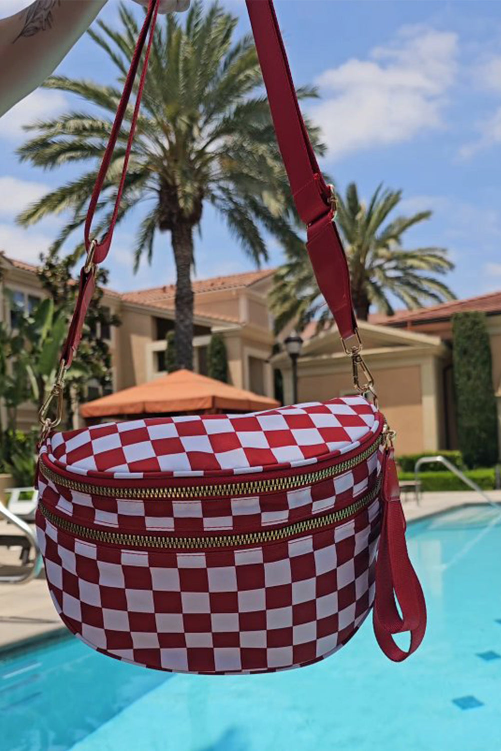 Pink Checkered Print Wide Strap Large Crossbody Bag Crossbody Bags 10c17f5066e1ab90