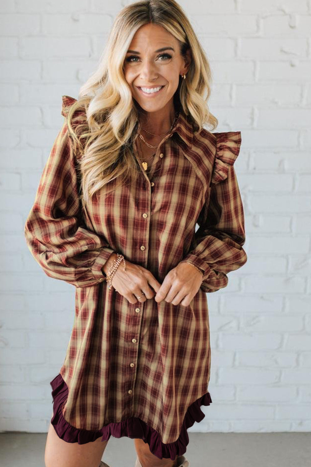 Red Plaid Print Ruffled Long Sleeve Patchwork Hem Mini Shirt Dress Short Dresses 111beebbad32b0bf
