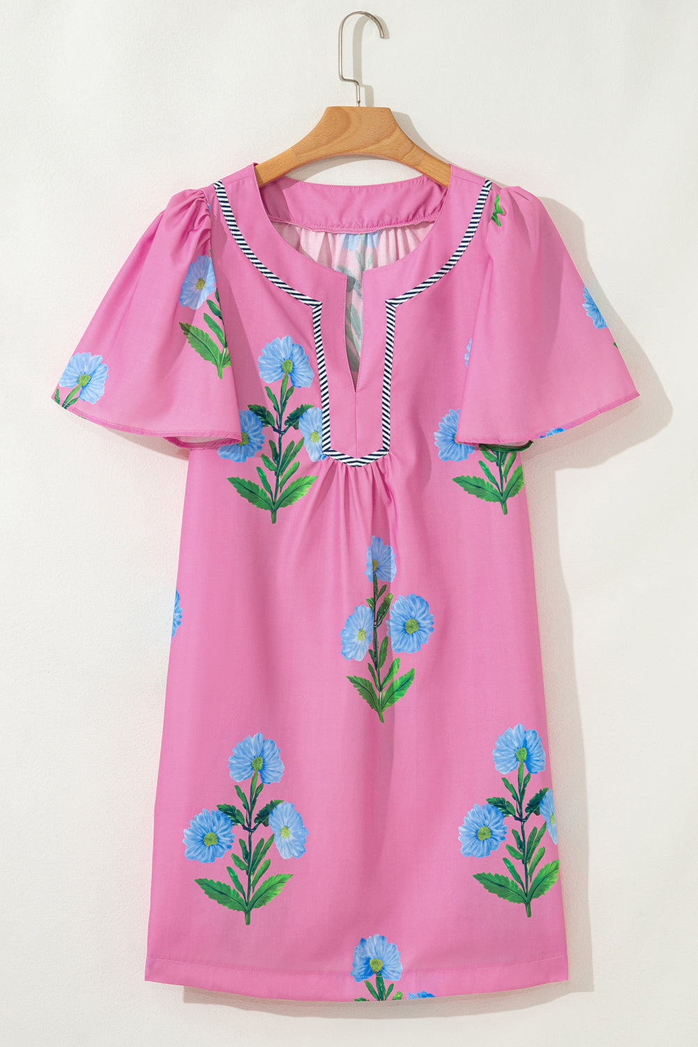 Rose Striped Trim Short Sleeve Split Neck Floral Mini Dress Short Dresses 11a117cf6a9b3c66