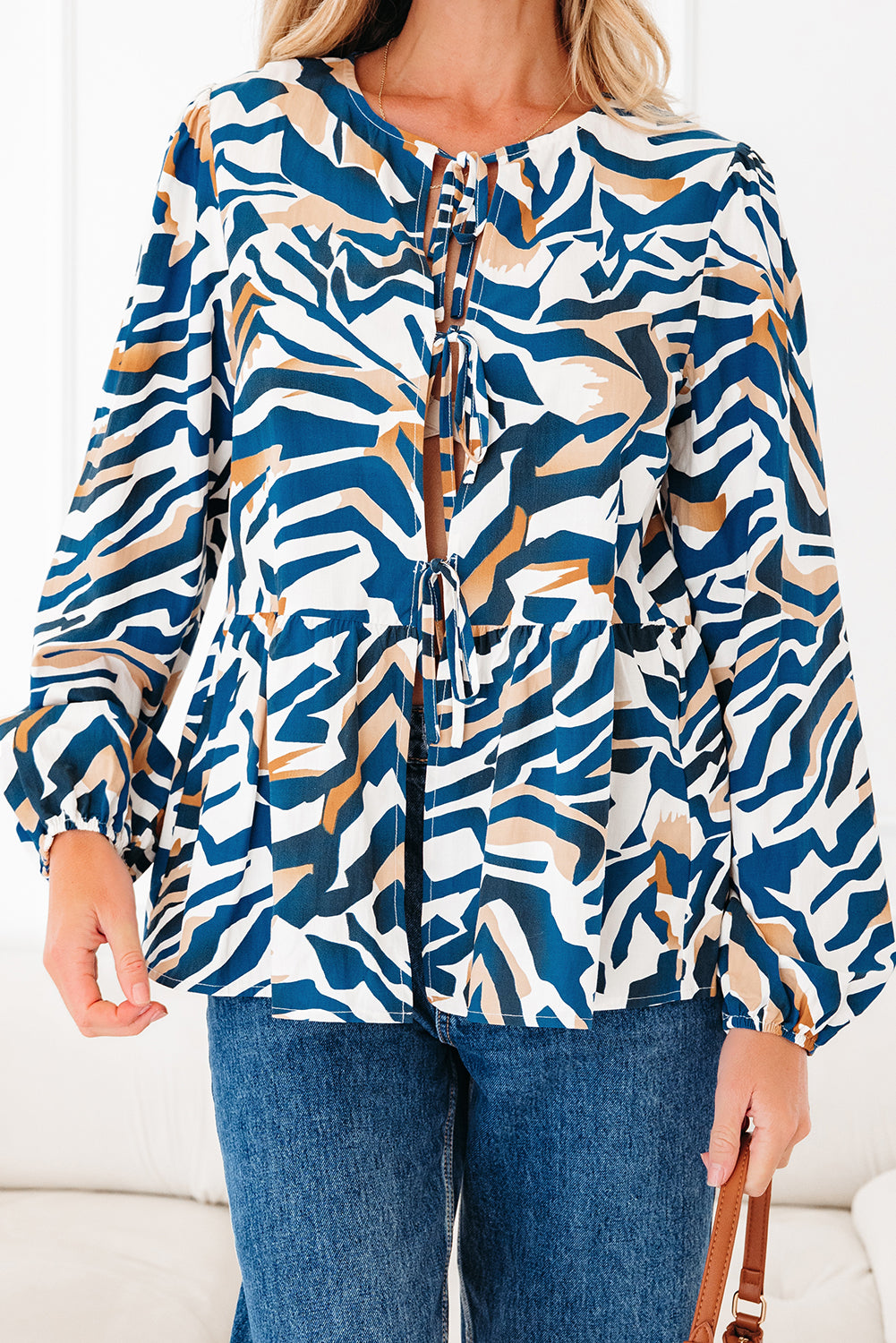 Blue Zebra Print Tied Front Puff Sleeve Top Blouses 11fee71cf16851f1