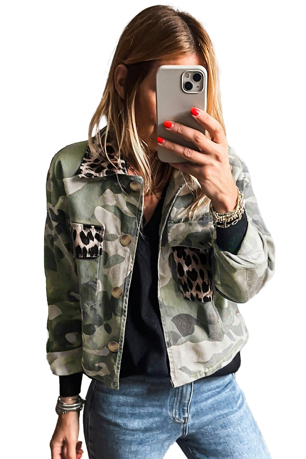 Green Camouflage Leopard Patchwork Flap Pocket Collared Jacket Jackets 1208c2fc046db9f2