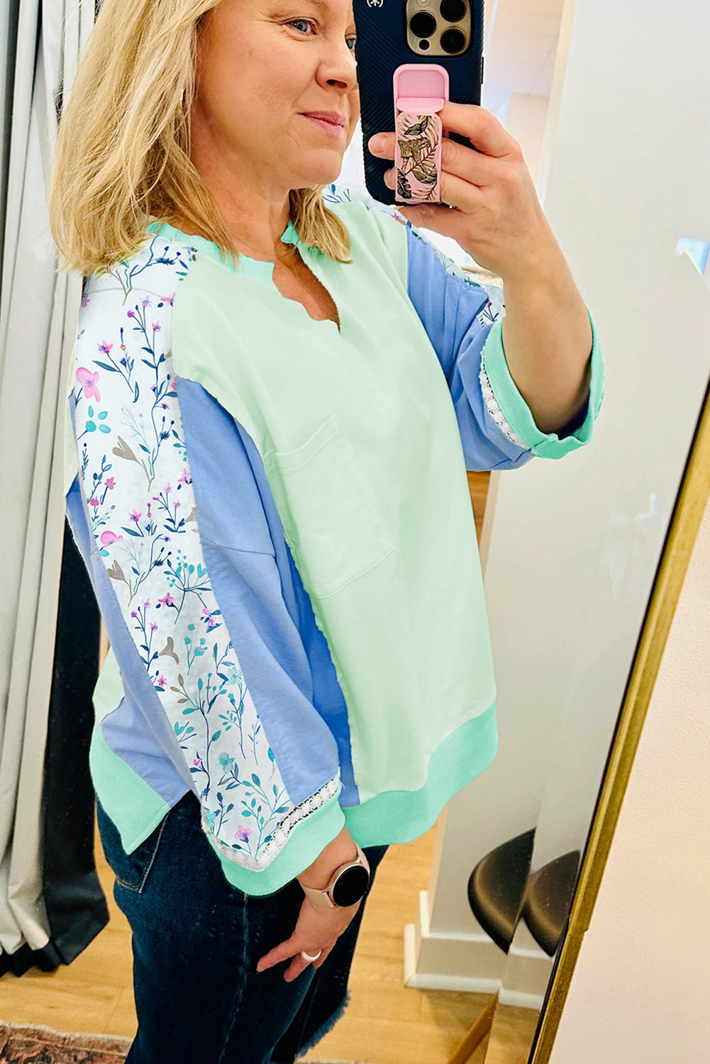 Green Color Block Floral Patchwork Long Sleeve Notched Neck Plus Size Top Plus Size Tops 121ea8271254ba5a