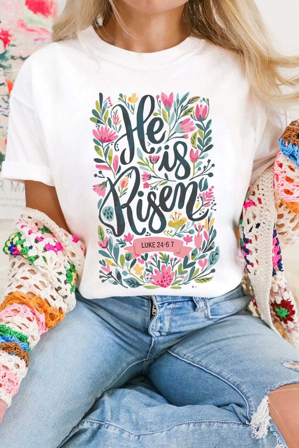 White He is Risen Floral Heat Transfer Printing Graphic T Shirt Graphic Tees 122febc70b40bc1a