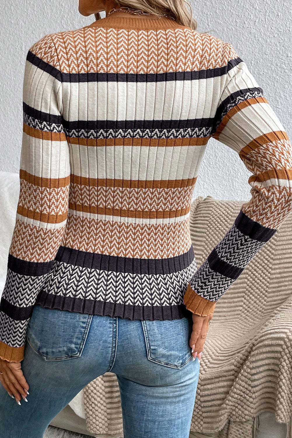Brown Stripe Chevron Pattern Knitted Ribbed Trim Slim Fit Sweater Sweaters 1230d36371f850a5