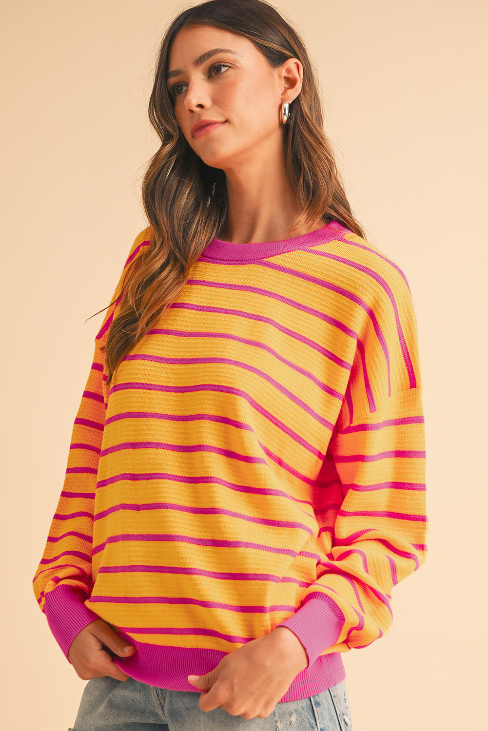 Orange Stripe Round Neck Drop Shoulder Loose Sweater Sweaters 125182473d4ff4f1